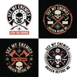 © Vectyx - Edgy vintage pirate skull emblem with crossed swords and banner text see my enemies stay the course in bold badge design ideal for biker culture, rebellious apparel, gaming, tattoo art, adventure gear