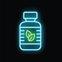 Poster - Glowing neon line medical bottle with marijuana or cannabis leaf icon isolated on black background. Mock up of cannabis oil. Colorful outline concept. Vector illustration