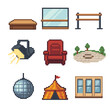 © Coosh448 - Dance Venue Icons. Pixel art icon set of dance venues and spaces: stage platform, dance studio mirror, barre, spotlight fixture,
