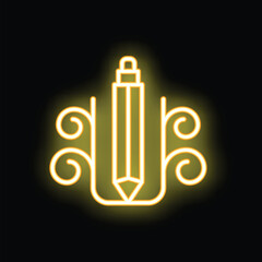 Poster - Yellow neon sign of a pencil surrounded by swirls, representing creativity and inspiration