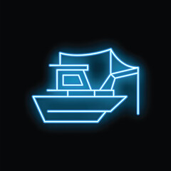 Poster - Blue neon sign of a fishing boat is glowing on a black background