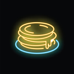 Fototapete - Glowing neon sign depicting a stack of delicious pancakes dripping with syrup on a plate, perfect for any restaurant or diner