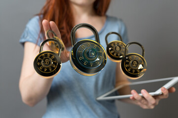 Poster - Secure your data! Image depicts woman interacting with digital combination locks, symbolizing online security and protection.