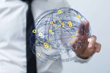 Aufkleber - Stock photo of a businessman holding a 3D network graphic, representing global connections and data.
