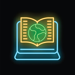 Poster - Neon sign depicting an open book with earth over a laptop screen, representing online education