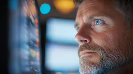 Poster - Man focused on computer screen in modern workspace during late evening hours