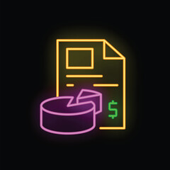 Poster - Glowing neon sign illustrating a financial report with a pie chart, symbolizing market analysis and financial success