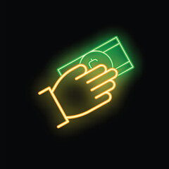 Poster - Neon style icon of a hand holding a banknote, representing finance, payment, and currency