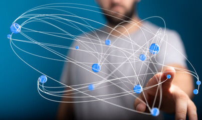 Poster - Abstract image of a man connecting digital nodes, symbolizing networking, technology, and global communication.