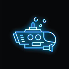 Poster - Blue glowing neon line submarine floating underwater on a black background, great icon for your project.