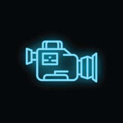 Poster - Bright blue neon video camera glowing on a dark background