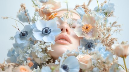Poster - Woman surrounded by delicate flowers in soft pastel shades during a serene artistic photoshoot in a studio setting