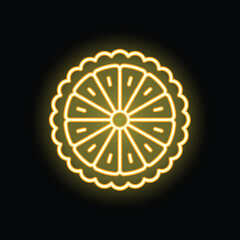 Fototapete - Bright yellow neon sign in the shape of a lemon or orange slice is glowing on a black background