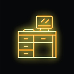 Poster - Bright yellow neon sign of an office desk with a computer on a black background