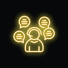 Poster - Neon icon of a customer service representative with a headset surrounded by speech bubbles on a black background