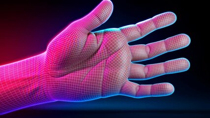 Poster - Futuristic 3D Digital Hand with Glowing Wireframe Design Showcasing Innovation and Technology in Pink and Blue Hues