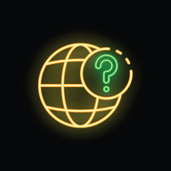 Poster - Neon glowing icon of planet earth with question mark, representing global issues and uncertainty