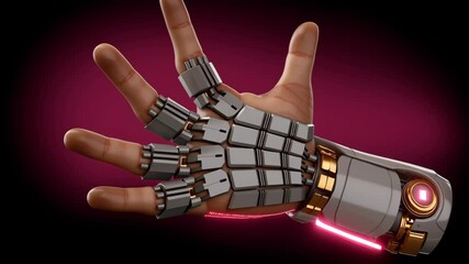 Poster - Robotic Hand with Human Like Fingers and Metallic Components, Glowing with Pink Light, Showcasing Advanced Technology and Digital Interface