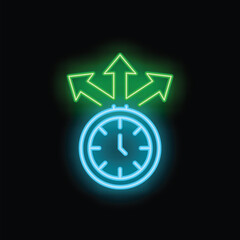 Poster - Neon clock with three green arrows pointing up, symbolizing increasing efficiency and productivity