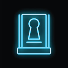 Poster - Blue neon sign illustrating a keyhole on a black background