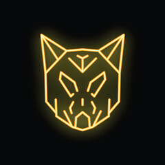 Poster - Yellow neon sign showing a stylized geometric cat face on a black background