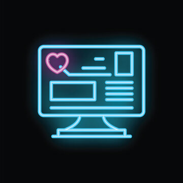 Neon icon of a computer screen displaying a heart symbol, suggesting a dating website, online charity or healthcare platform