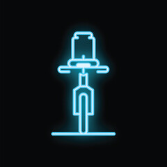 Poster - Blue neon sign of a bike with a food delivery box on black background representing modern food delivery services