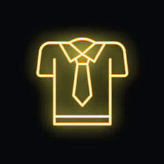 Poster - Bright yellow neon sign depicting a collared dress shirt with a necktie glowing against a dark background