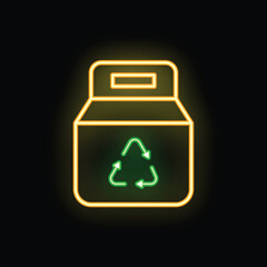 Poster - Glowing neon line recycle bin with recycle symbol icon isolated on black background. Vector illustration