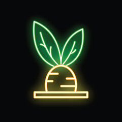Poster - Glowing neon line icon of a beet with leaves growing up isolated on a black background