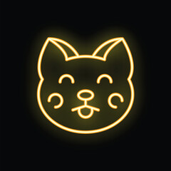 Poster - Yellow neon sign in the shape of a cat face, showing its tongue and with its eyes closed, on a black background