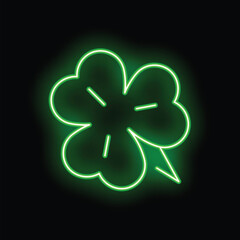 Poster - Green neon four leaf clover is glowing on a black background
