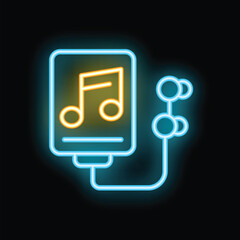 Poster - Neon music player icon connecting with wireless earphones glowing on black background