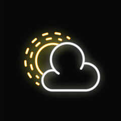 Poster - Bright yellow and white neon sign of a sun hiding behind a cloud on a black background