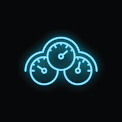 Poster - Glowing blue neon icon of three gauges, useful for representing concepts like performance, efficiency, speed, measurement, or progress