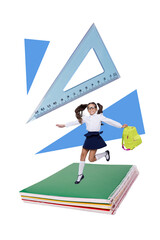 Poster - Sketch vertical photo collage of happy small schoolgirl run notepad carry backpack back to school ruler supplies knowledge