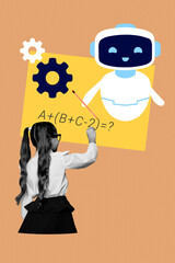 Poster - Banner 3d poster art collage of preteen schoolgirl stand back draw board education gearwheel teacher ai math subject formula answer