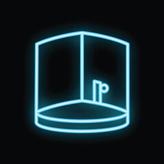 Poster - Glowing blue neon sign depicting a shower stall with a shower head, isolated on a black background