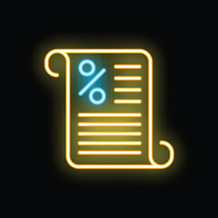 Fototapete - Glowing neon line icon of loan agreement with interest percentage symbol is shining on black background