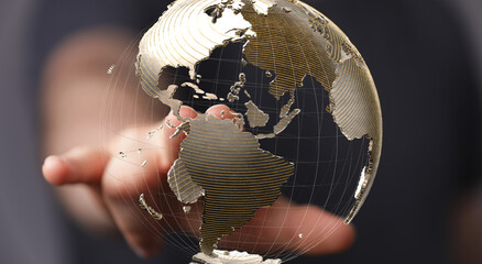 Poster - Abstract image of a hand interacting with a digital globe, symbolizing global connectivity and networking.
