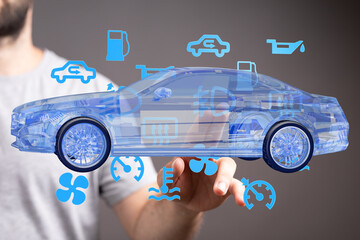 Poster - Digital visualization of car diagnostics.  Ideal for automotive, technology, and repair concepts.