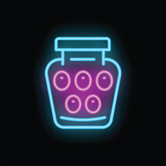 Poster - Neon sign of a jar full of olives glowing on a black background