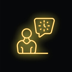 Poster - Yellow neon icon of a person with a thought bubble containing a clock, symbolizing time management and planning on a black background
