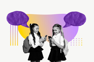 Poster - Poster trend sketch template 3D photo collage of college knowledge education back to school two young girl chatting smartphone smile