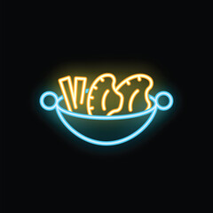 Fototapete - Glowing neon line deep fryer with french fries and chicken icon isolated on black background. Vector illustration