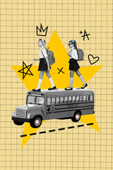 Poster - Banner 3d image pop vertical collage of two happy schoolgirls walk school bus classmate autumn season academic knowledge