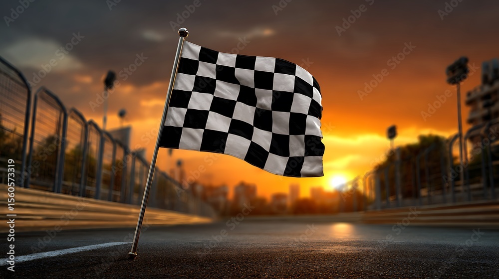 Checkered flag waves at sunset on a wet race track signaling the end of ...