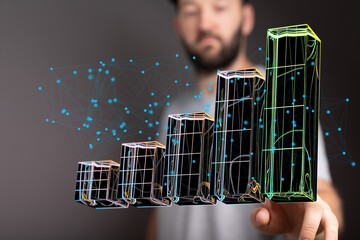 Poster - 3D bar graph showing upward trend, data analysis, business growth, financial success, technology, progress, investment.