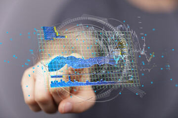 Poster - Person interacts with a holographic data display showing charts and graphs.  Modern technology concept.