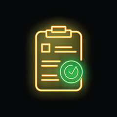 Poster - Glowing neon icon of a clipboard featuring a checklist with a prominent check mark, symbolizing successful task completion